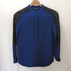 The Kooples | Blue/Black Crepe Lace Inset Blouse